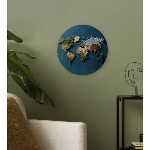Wereldkaart - Geborduurd - Verschillende tinten Wandcirkel kunststof plaat 5mm dik klein -sfeer3