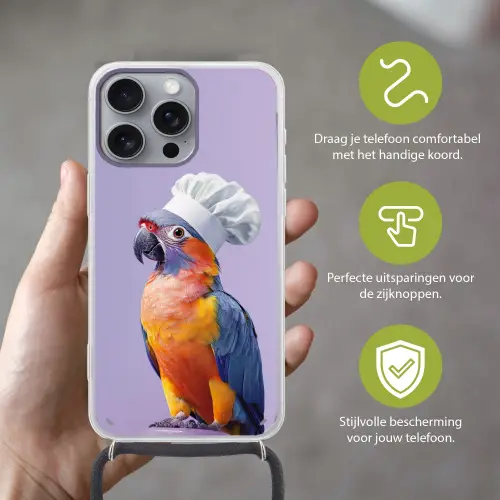 Papegaai - Koksmuts - Paars - Cute Hoesje iPhone 16 Pro Max met koord klein -sfeer2_NL