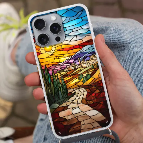 Mozaïek - Zon - Landschap - Dorp Hoesje iPhone 16 Pro Max met koord klein -sfeer3