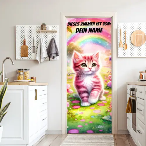 Buntes Kätzchen unter Regenbogen im Garten. deurposter klein -sfeer5