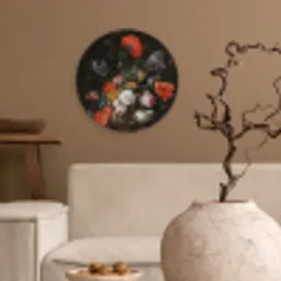 Stilleven met bloemen en een horloge - Schilderij van Abraham Mignon Wandcirkel kunststof plaat 5mm dik klein -sfeer1