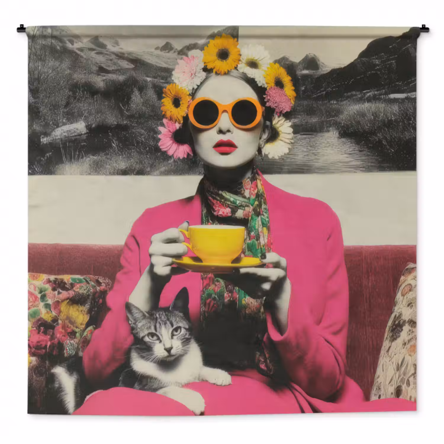 Wandteppich - Frau - Katze - Blumen - Tasse - Retro