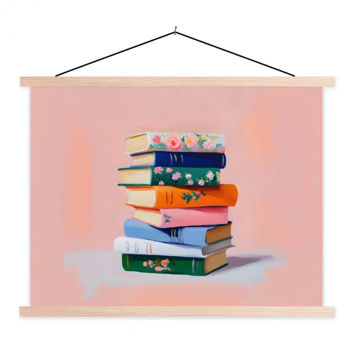 Boeken - Stapel - Kleurrijk textielposter latten blank klein -3d