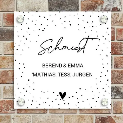 Wit met stippen - Sierlijk Naambord Vierkant klein -sfeer2
