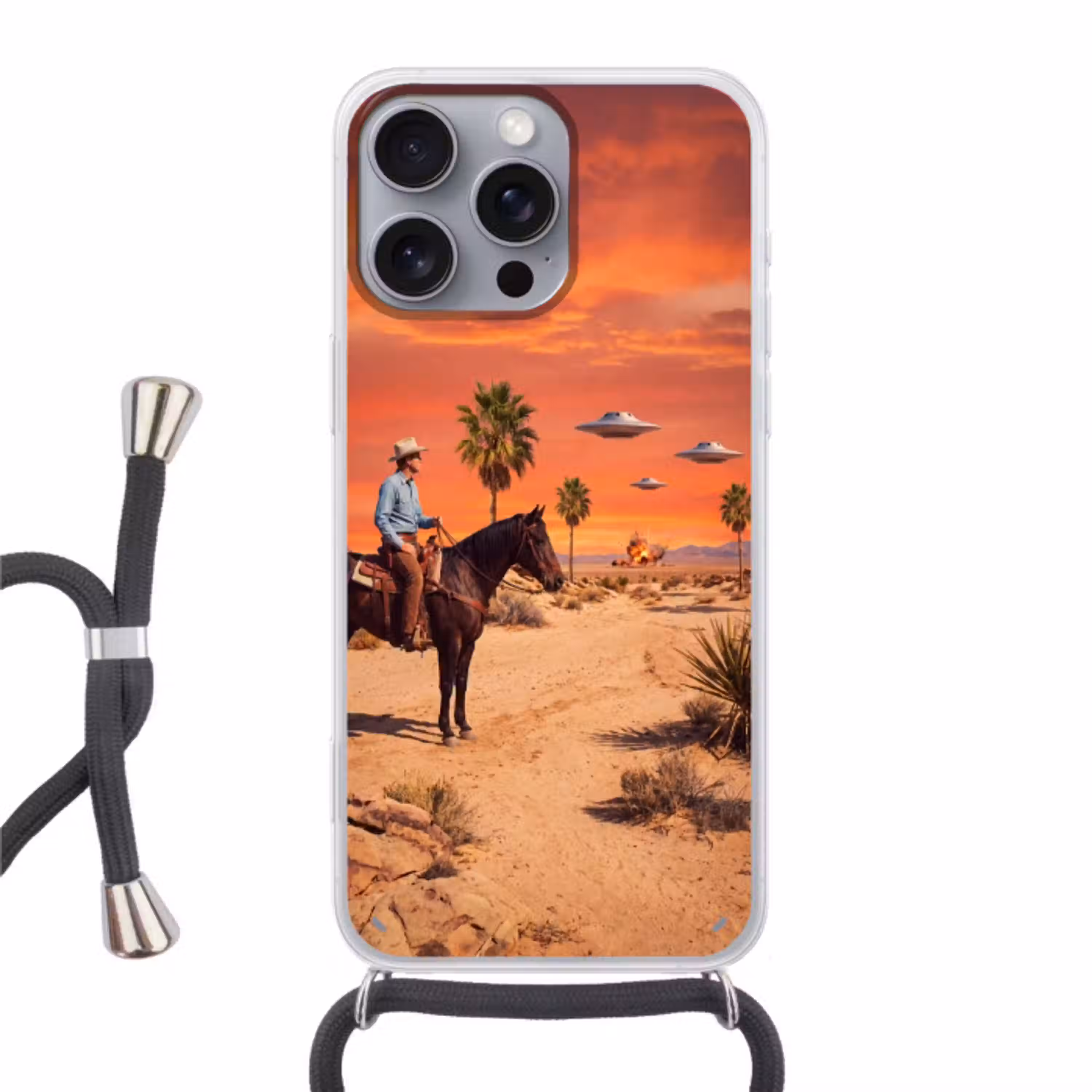Cowboy - Paard - Woestijn Hoesje iPhone 16 Pro Max met koord klein -3d