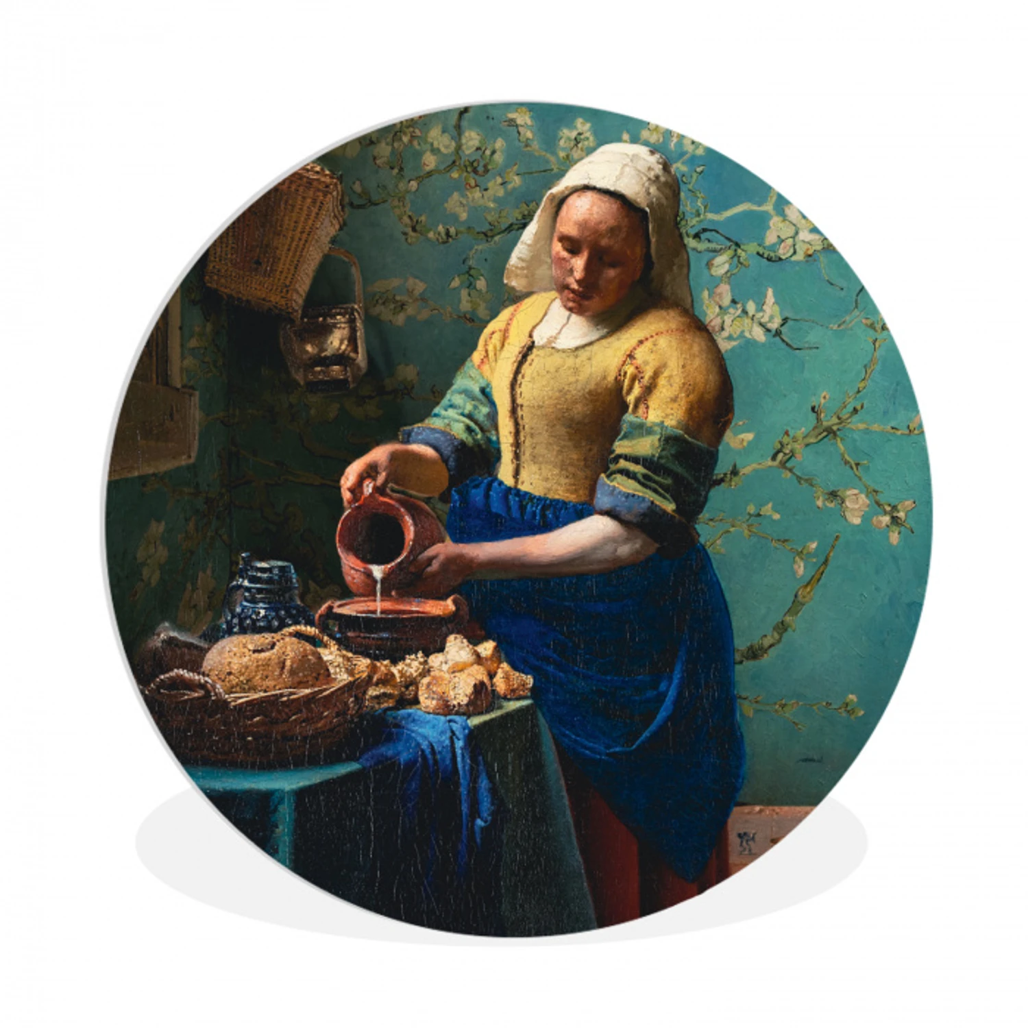 Melkmeisje - Amandelbloesem - Van Gogh - Vermeer - Schilderij - Oude meesters Wandcirkel kunststof plaat 5mm dik klein -3d