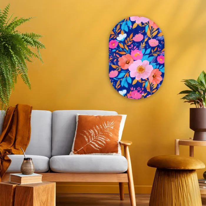 Bloemen - Blauw - Roze Wandcirkel Ovaal Forex klein -sfeer4