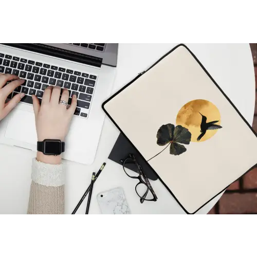 Zwarte kolibrie - Bloem - Gouden cirkel laptophoes neopreen klein -bureau
