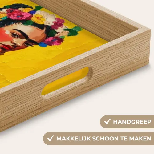 Frida Kahlo - Vrouw - Geel - Blauw - Bloemen Dienblad Rechthoek middel -USP_HandgreepNL