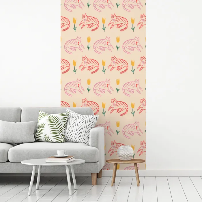 Rood - Roze - Katten - Bloemen fotobehang vinyl groot 64 -woonkamer