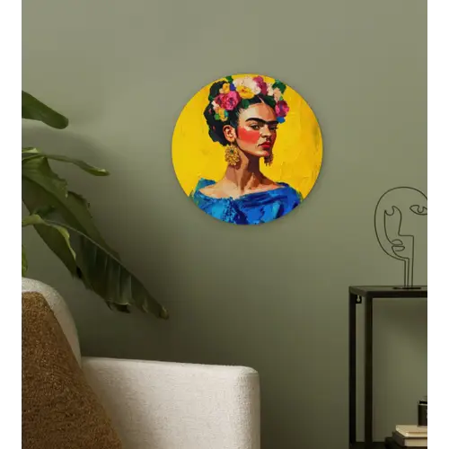 Frida Kahlo - Vrouw - Geel - Blauw - Bloemen Wandcirkel plexiglas klein -sfeer3