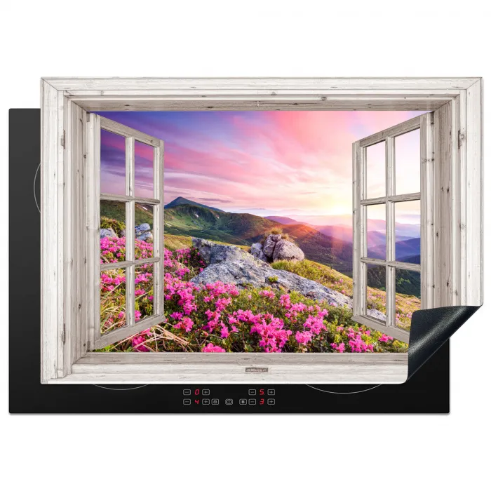 Bergen - Landschap - Doorkijk - Bloemen - Avond - Roze Inductie beschermer vinyl 3mm middel -3d