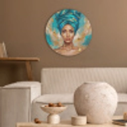 Portret - Vrouw - Schilderij - Blauw - Goud - Expressief Akoestische PET Vilt - Rond klein -sfeer1