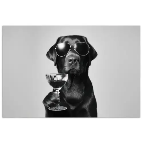 Hond - Zwart - Wijnglas - Zonnebril poster papier klein -3d