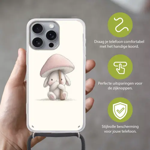 Paddenstoel - Konijn - Roze Hoesje iPhone 16 Pro Max met koord klein -sfeer2_NL