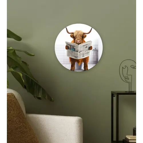Schotse hooglander - Krant - Toilet - WC - Wit - Koe Wandcirkel kunststof plaat 5mm dik klein -sfeer3