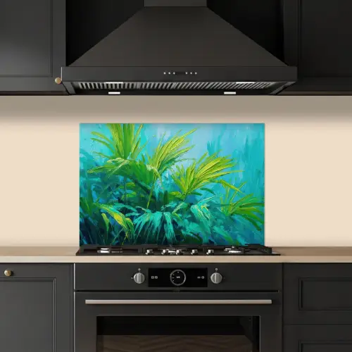Bladeren - Groen - Schilderij - Abstract keuken achterwand spatscherm klein -sfeer1