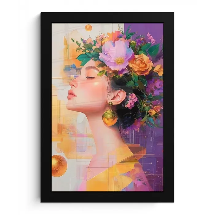 Abstract - Vrouw - Bloemenkroon - Goud fotolijst zwart zonder passe partout klein -3d