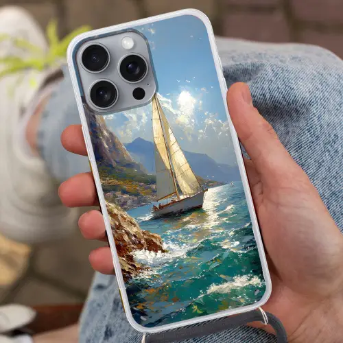 Zeilschip - Zee - Rotsen - Wolken Hoesje iPhone 16 Pro Max met koord klein -sfeer3