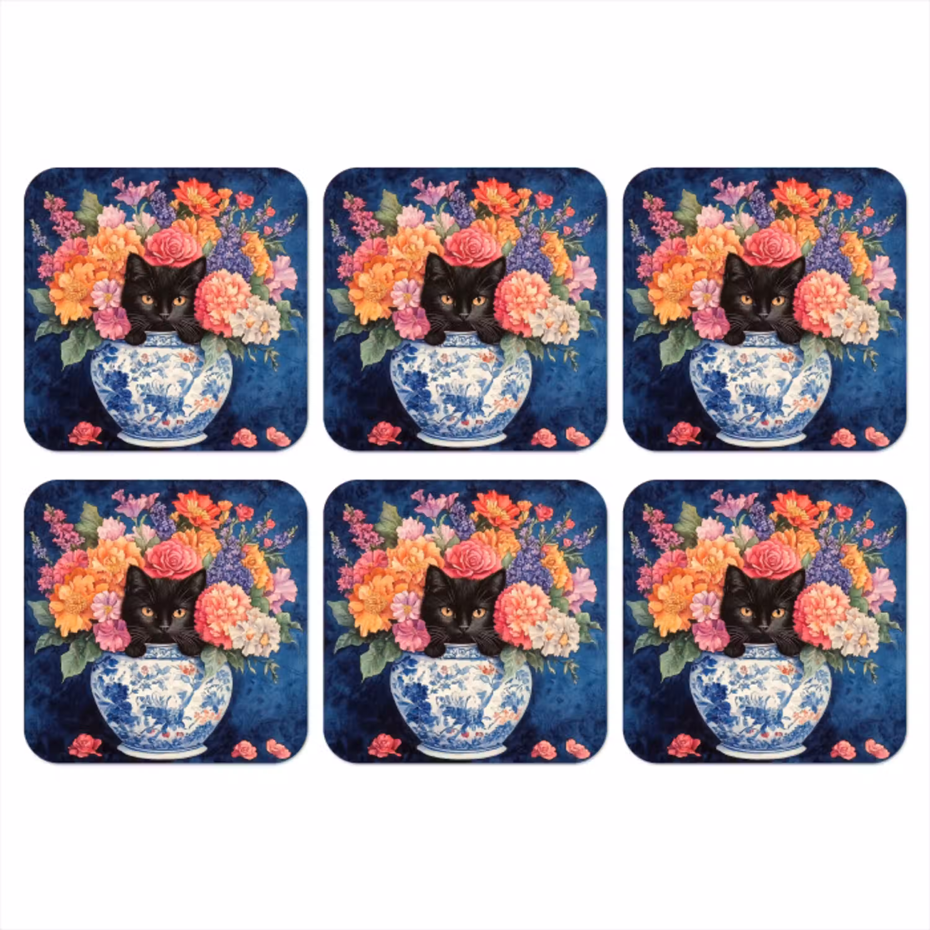 Kat - Felgekleurde bloemen - Vaas onderzetter kurk middel -3d