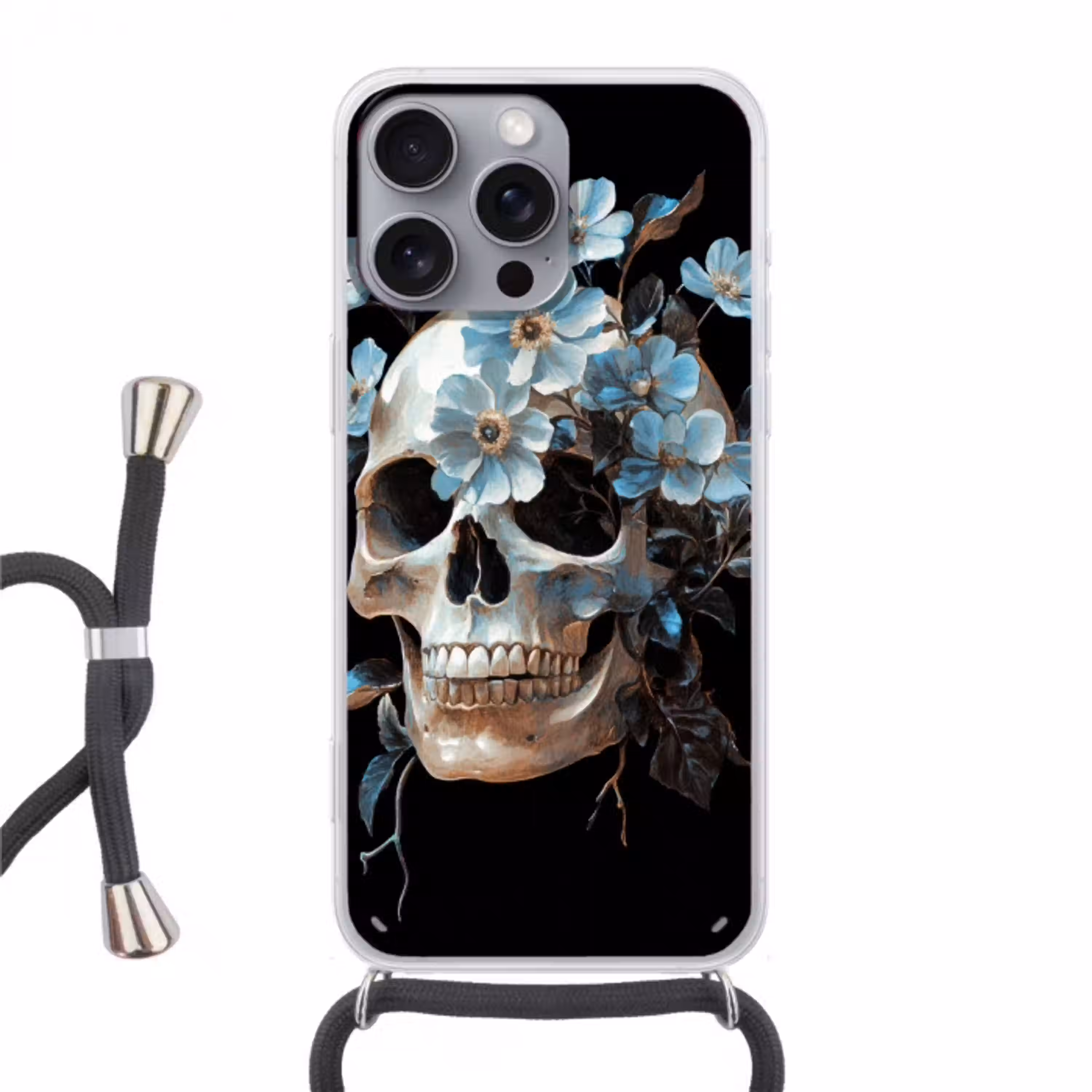 Schedel - Blauw - Bloemen - Bladeren Hoesje iPhone 16 Pro Max met koord klein -3d