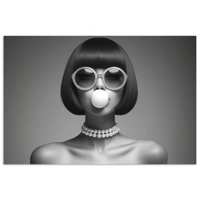 Vrouw - Zwart Wit - Ketting - Zonnebril poster papier klein -3d