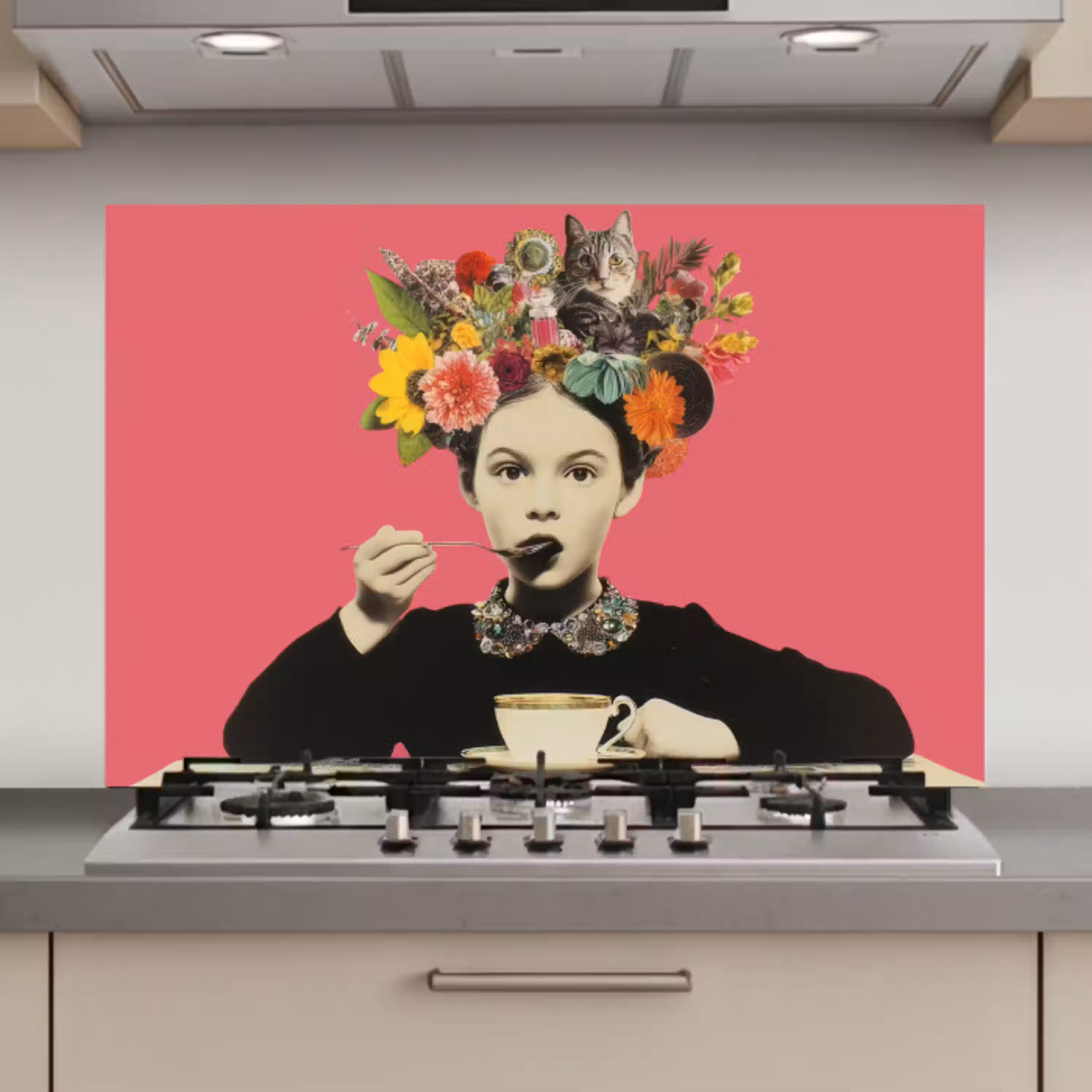 Meisje - Kopje - Bloemen - Roze keuken achterwand spatscherm klein -3d_website