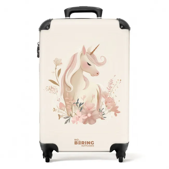 Koffer - Eenhoorn tussen bloemen in roze pastel kleuren