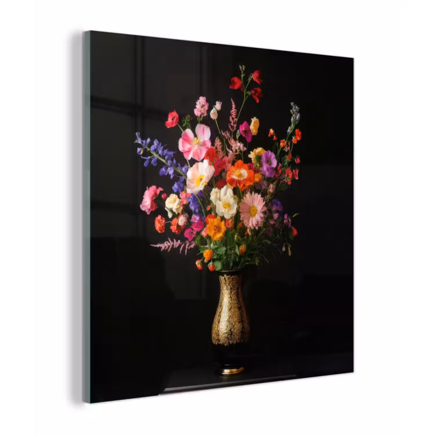 Glas schilderij - Kleurrijk - Boeket - Vaas - Goud