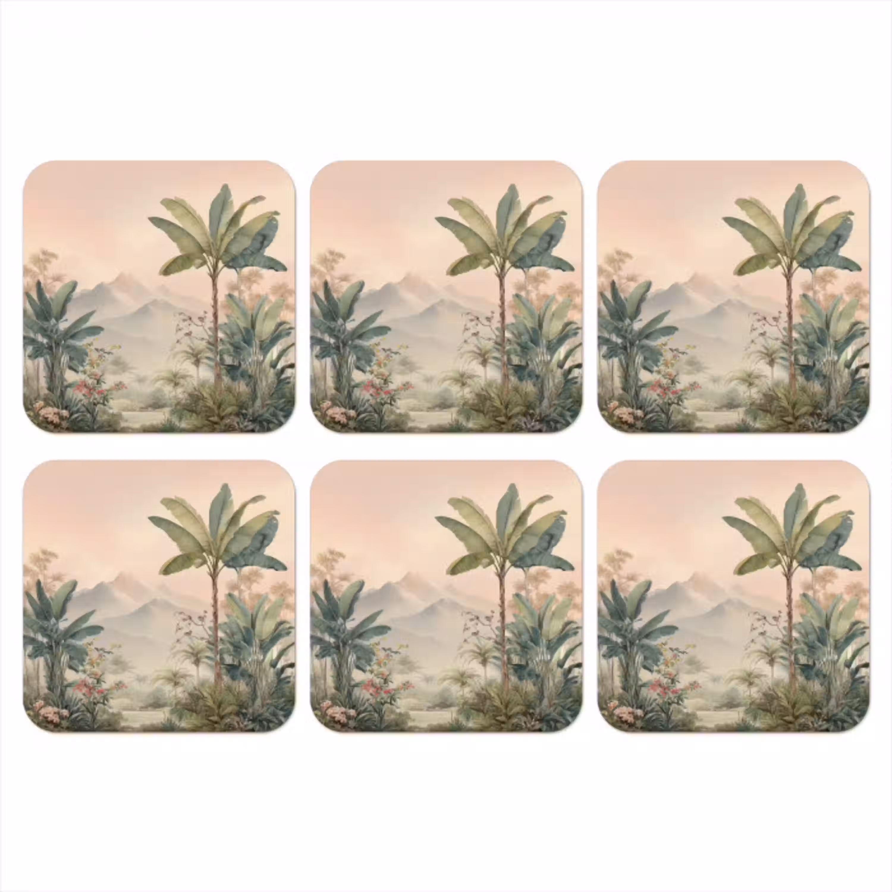 Tropisch landschap - palmbomen - Bloemen - Roze lucht onderzetter kurk middel -3d