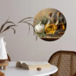 Stilleven - Olijfolie - Knoflook - Kruiden Wandcirkel behangsticker klein -sfeer3