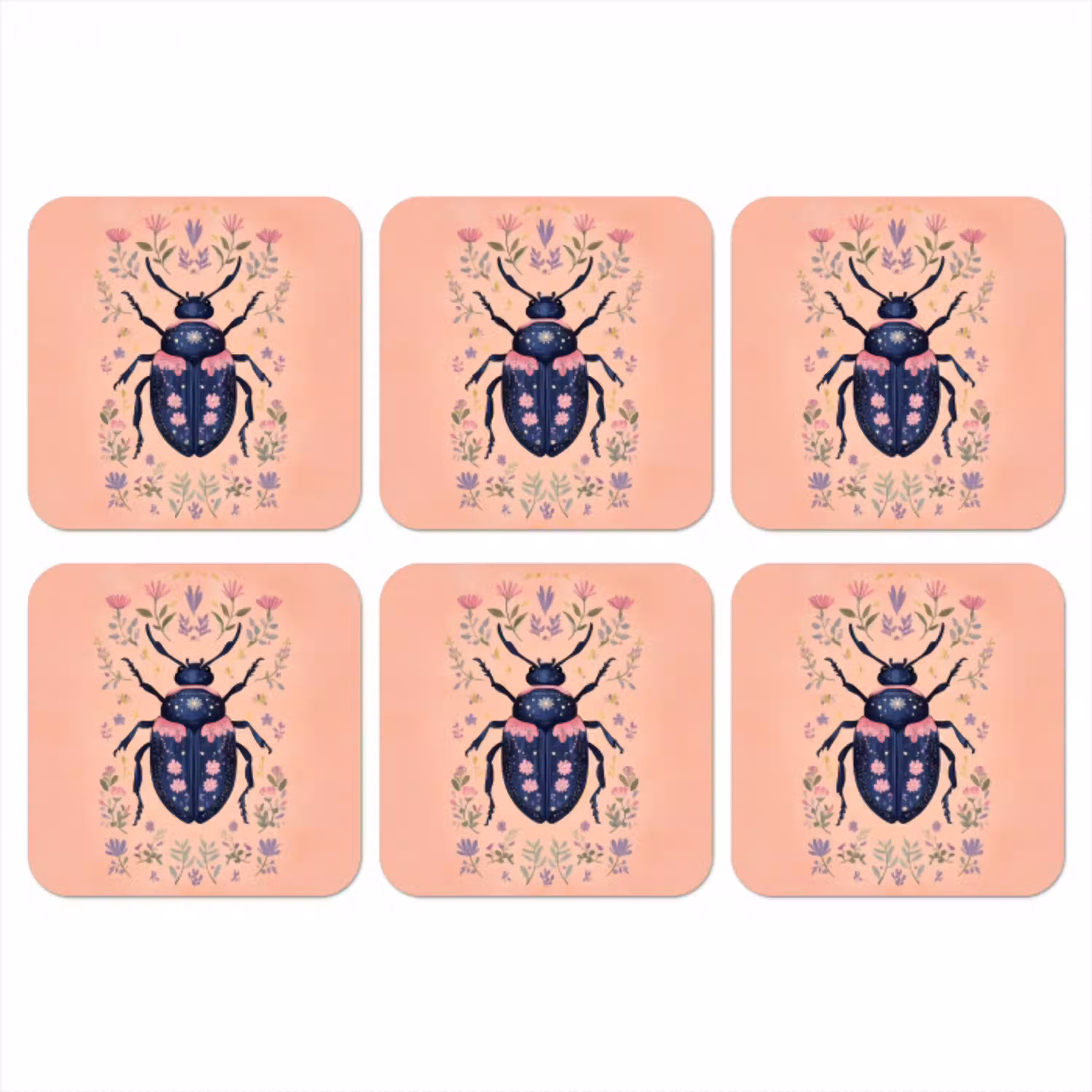 Kever - Donkerblauw - Bloemen - Sierlijk onderzetter kurk middel -3d