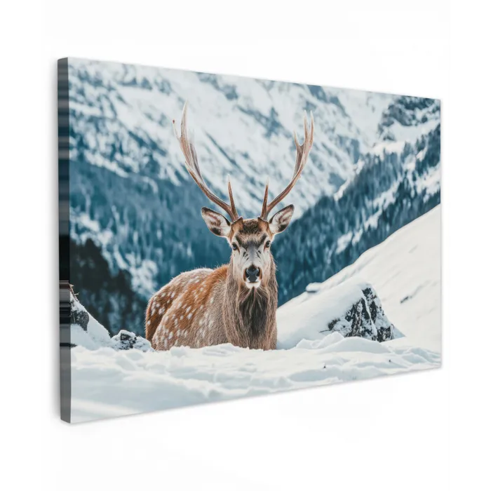 Hert - Landschap - Winter - Natuur - Dieren - Bergen Tuinposter op houten frame 2 cm dik klein -3d