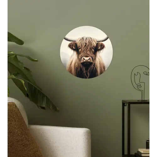 Schotse hooglander - Hoorns - Landschap Wandcirkel behangsticker klein -sfeer2