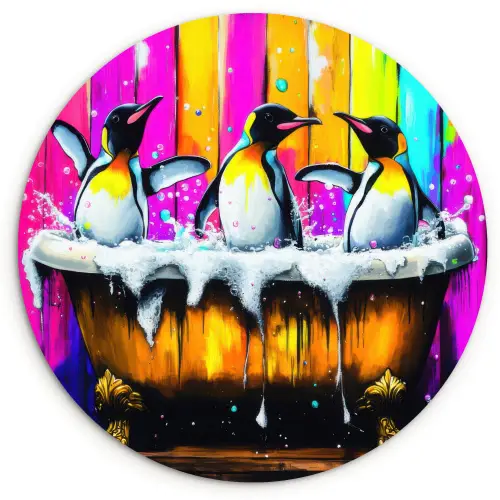Pinguïns - Badkuip - Kleurrijk - Schuim Wandcirkel kunststof plaat 5mm dik klein -3d
