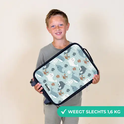 Zeedierenpatroon met dolfijnen, zeehonden en krabben Kinderkoffer - Zwart klein -sfeer4_NL
