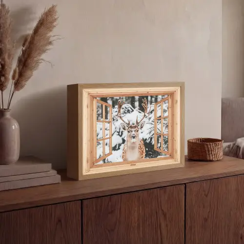 Doorkijk - Hert - Sneeuw - Winter - Bos - Dieren Light Box met batterij (Wandlamp) middel -sfeer2