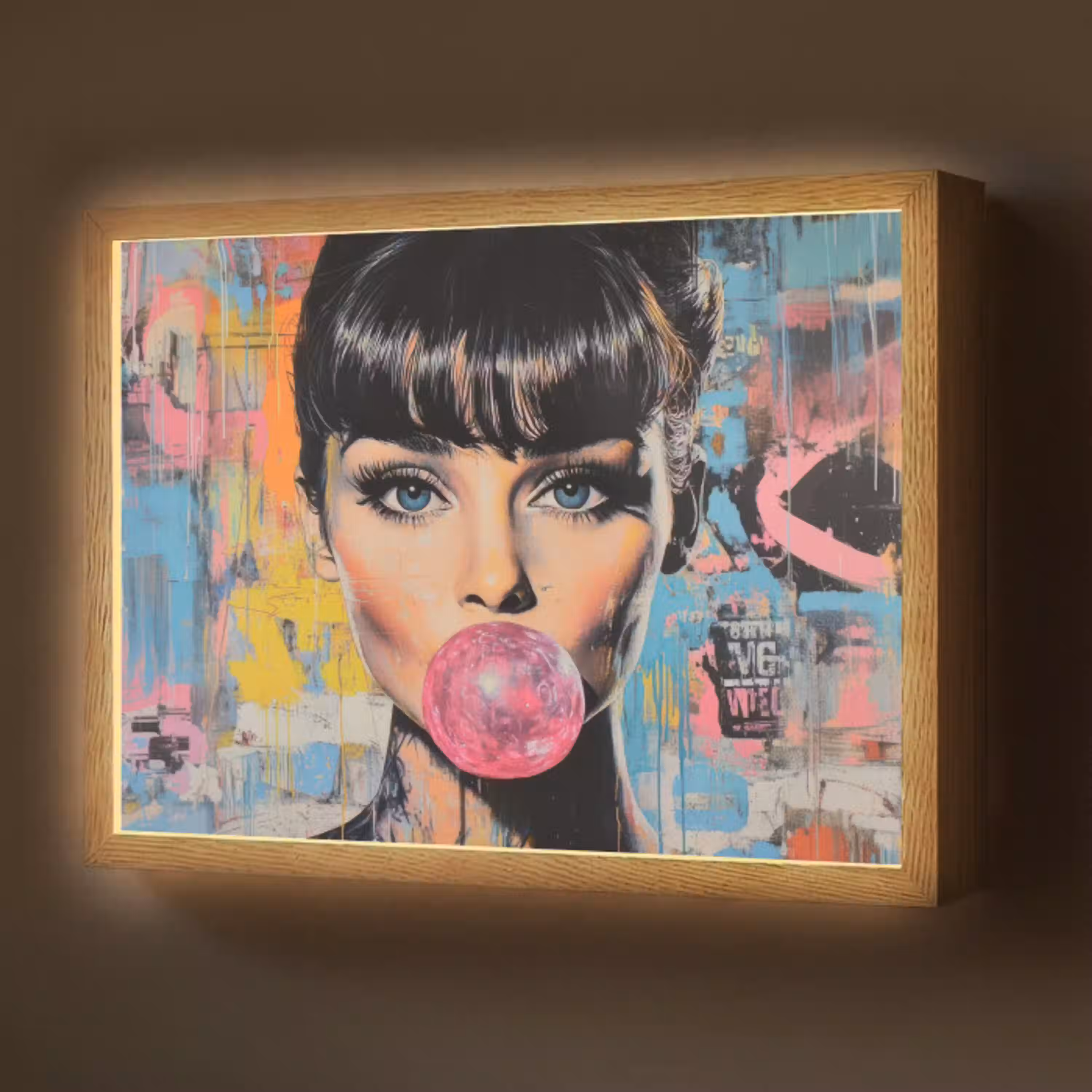 Kauwgom - Vrouw - Penseelstreken - Modern Light Box met batterij (Wandlamp) middel -z3d_website