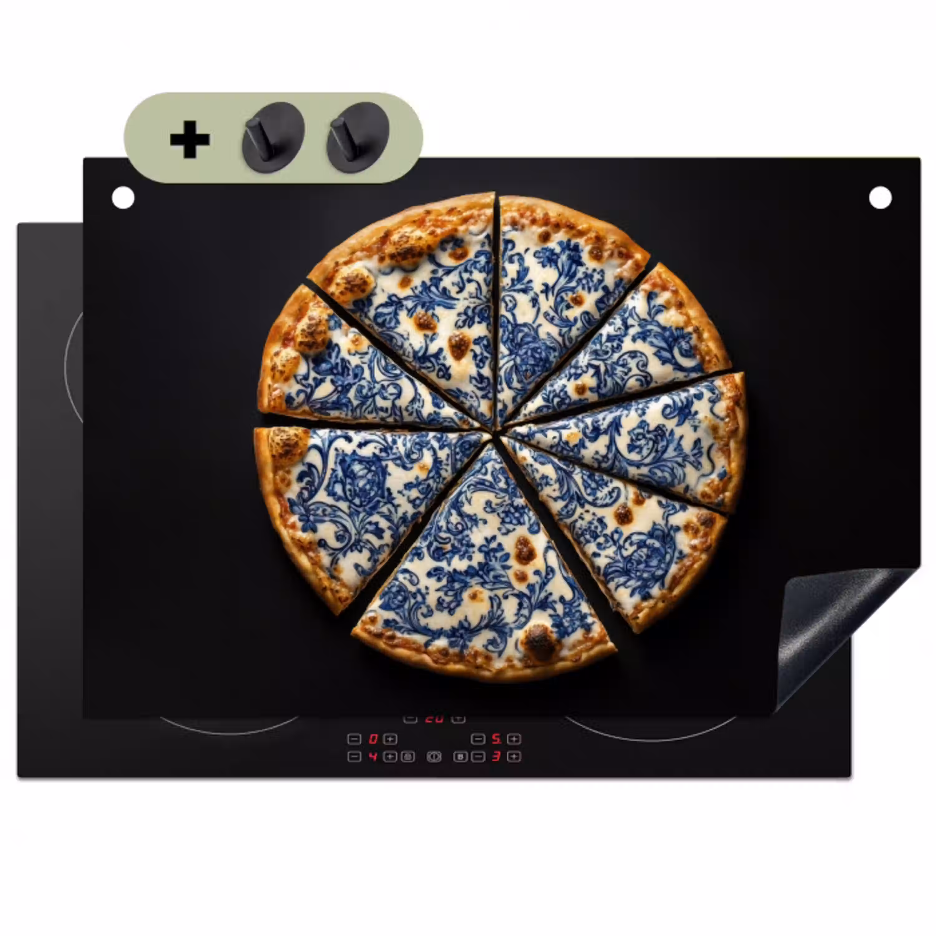 Pizza - Eten - Delftsblauw Inductie beschemer met haakjes klein -3d