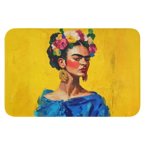 Frida Kahlo - Vrouw - Geel - Blauw - Bloemen Badmat klein -3d