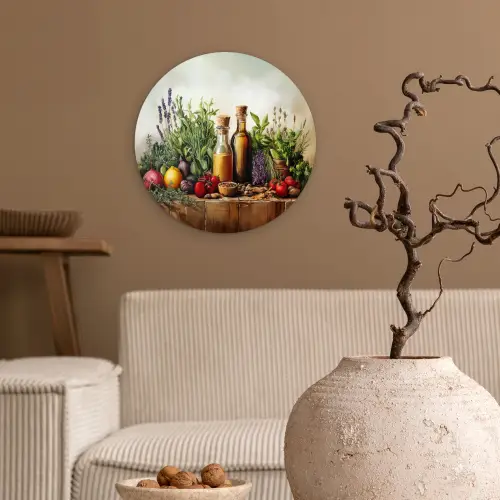Stilleven - Kruiden - Specerijen - Fruit - Kleurrijk Wandcirkel kunststof plaat 5mm dik klein -sfeer1