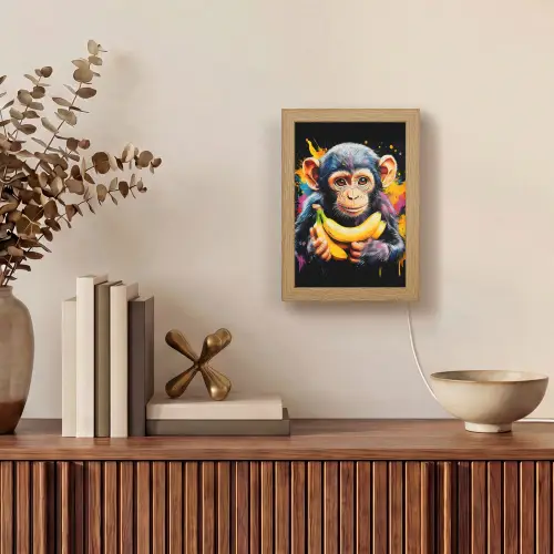 Aap - Graffiti - Kleurrijk - Bananen - Modern Light Box met kabel (Tafellamp) klein -sfeer2
