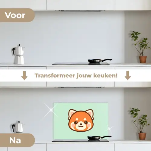 Rode panda - Groen - Cartoon keuken achterwand spatscherm klein -voor_na_NL