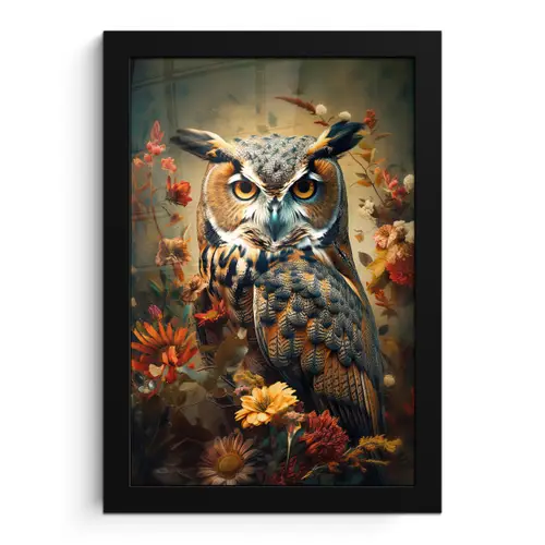 Uil - Vogel - Bloemen - Planten - Botanisch fotolijst zwart zonder passe partout klein -3d