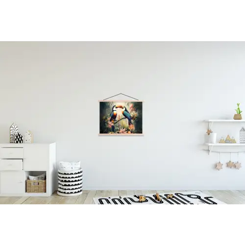 Toekan - Vogels - Bloemen - Natuur - Jungle textielposter latten blank klein -kinderkamer