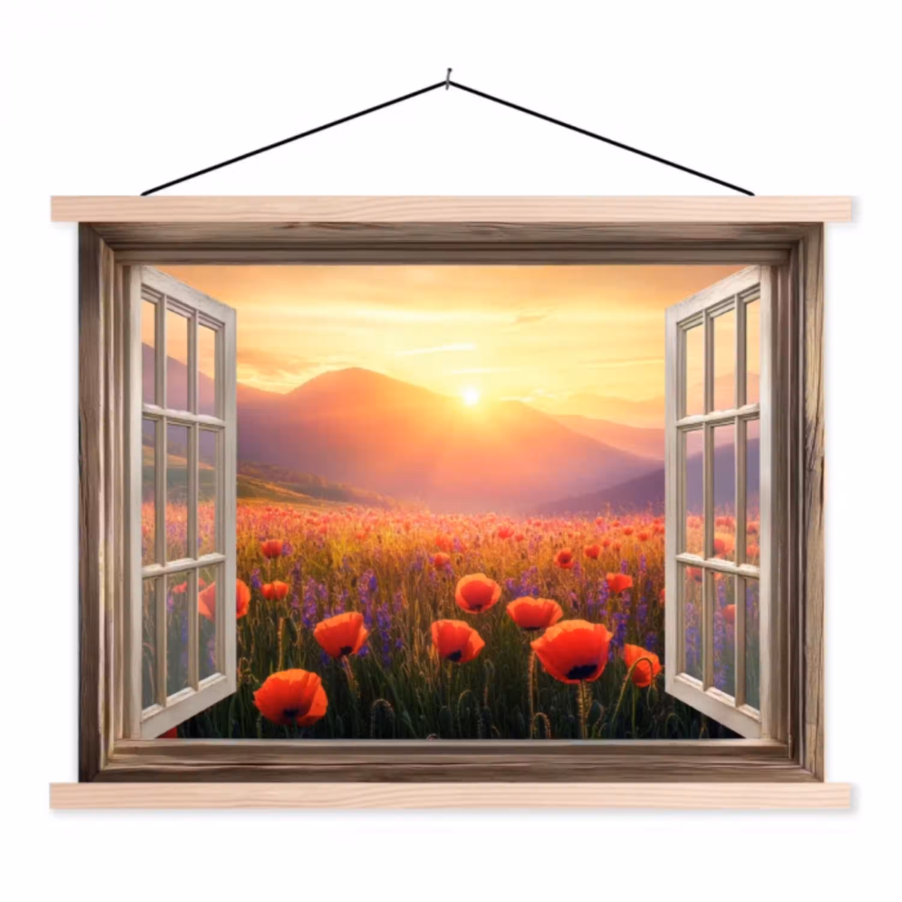 Doorkijk - Klaprozen - Bloemen - Rood - Open raam textielposter latten blank klein -3d