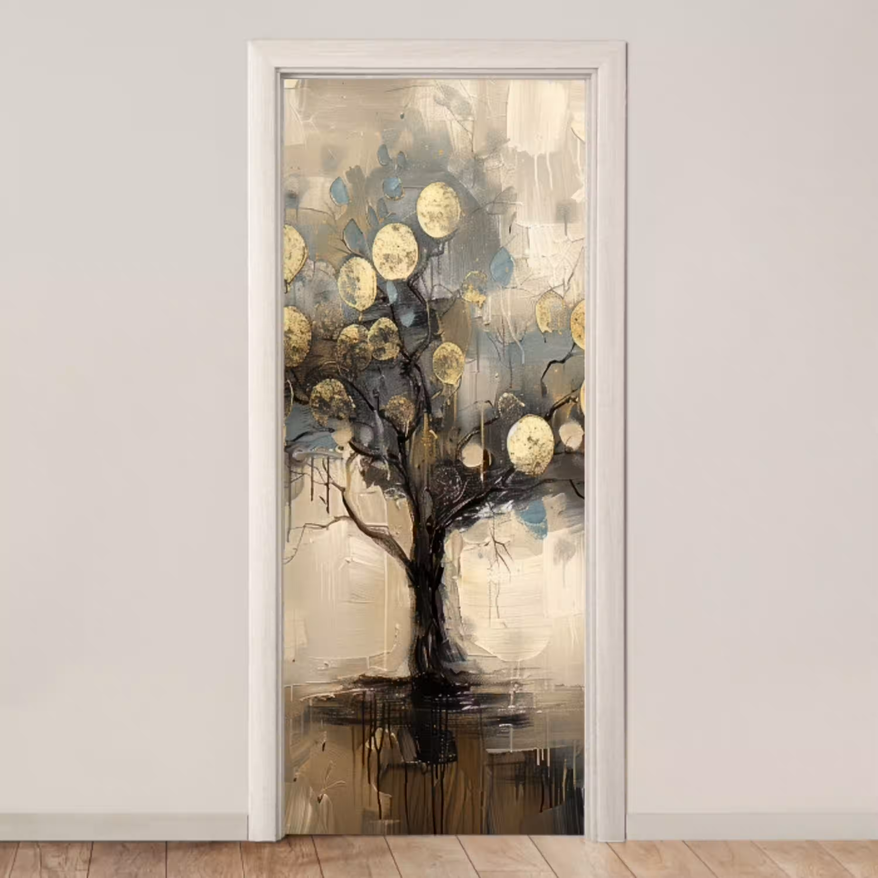 Beige - Abstract - Boom - Goud deurposter klein -3d_beige