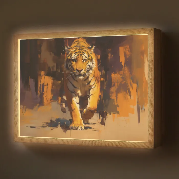 Tijger - Geschilderd - Oranje - Penseelstreken Light Box met batterij (Wandlamp) middel -z3d_website