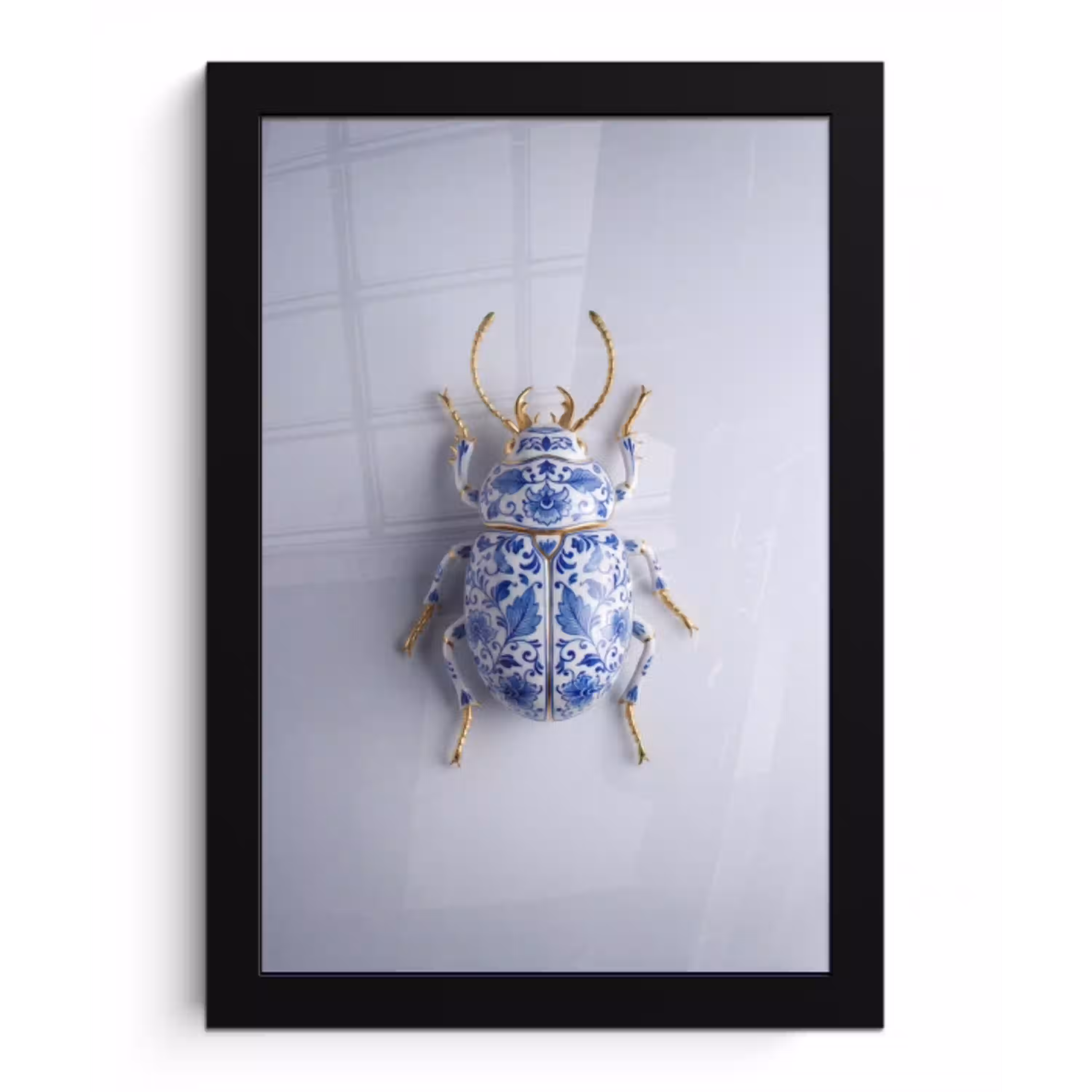 Kever - Delfts  - Blauw - Goud fotolijst zwart zonder passe partout klein -3d