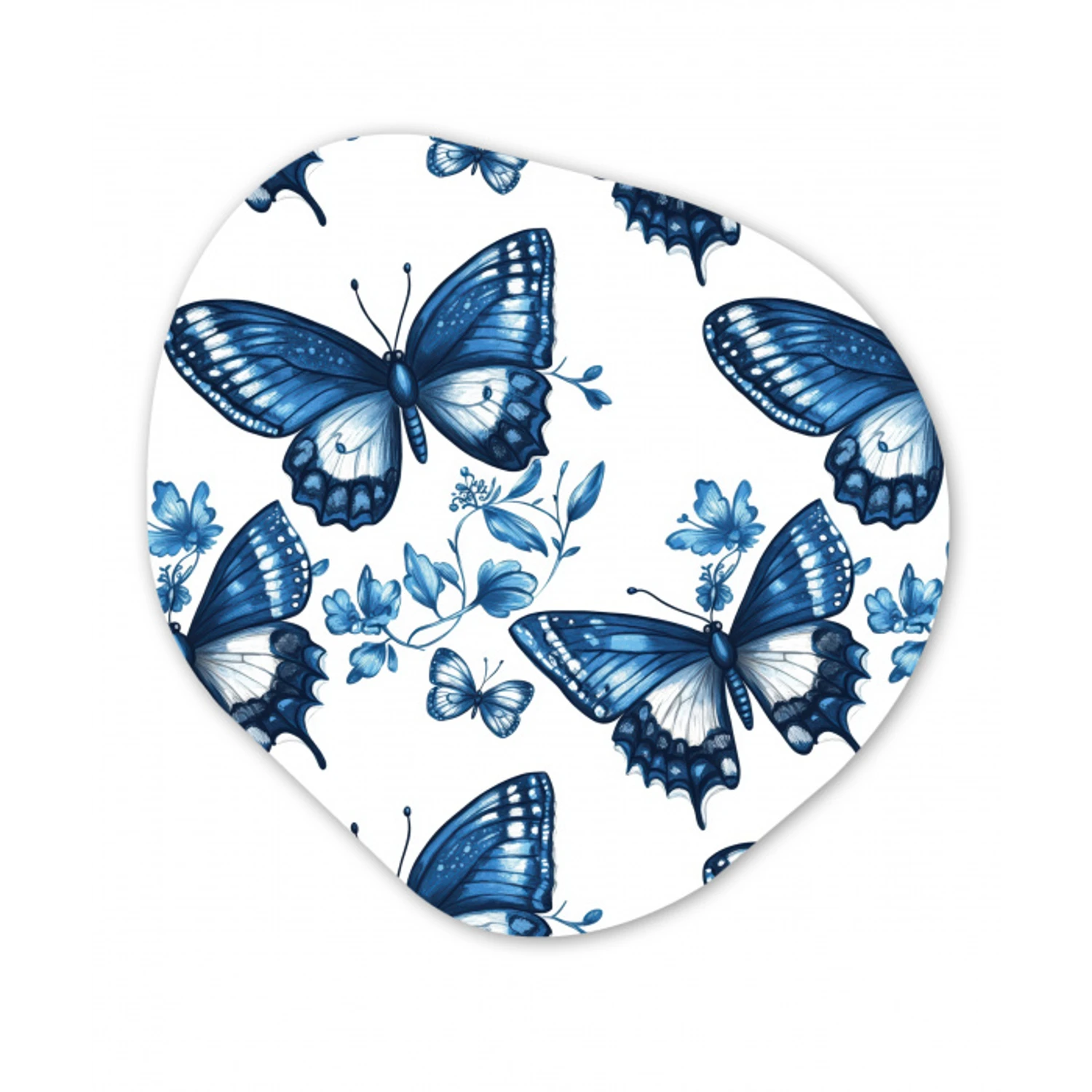 Blauw - Vlinders - Bloemen - Wit Wandcirkel Organisch Aluminium middel 851 -3d